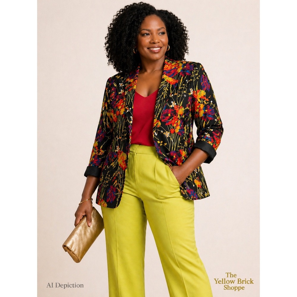 Norm Thompson Floral Blazer XL Black‎ Bold Statement Jacket Bright Career Chic